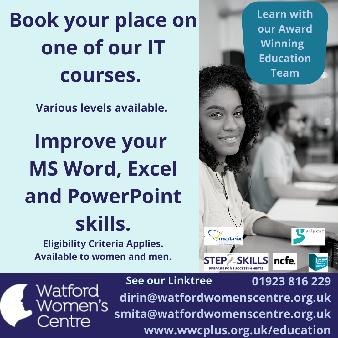 Book your place on one of our IT courses. Various levels available. Improve your MS Word, Excel and PowerPoint skills. Eligibility criteria applies. Available to women and men,