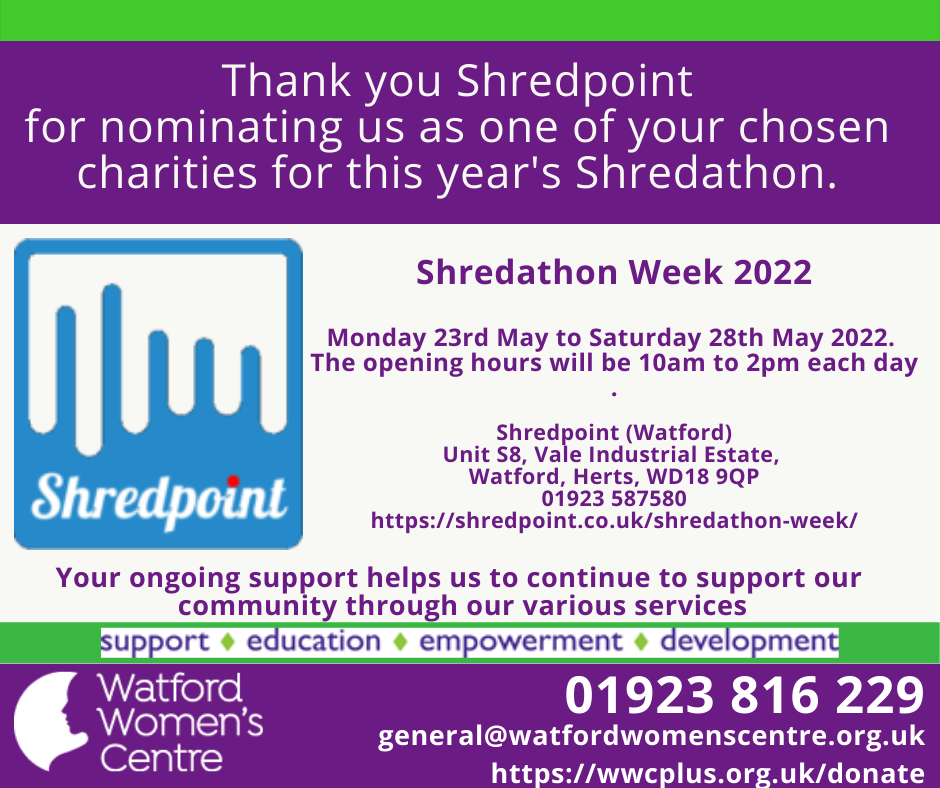 Thank you to Shredpoint Watford for nominating us as one of your chosen charities for #ShredathonWeek 23-28 May 2022.  Your ongoing support helps us to continue to support our community through our various services.  For businesses and residents looking to participate in this fantastic annual event, contact Shredpoint for information https://shredpoint.co.uk/shredathon-week/  www.wwcplus.org.uk/donate