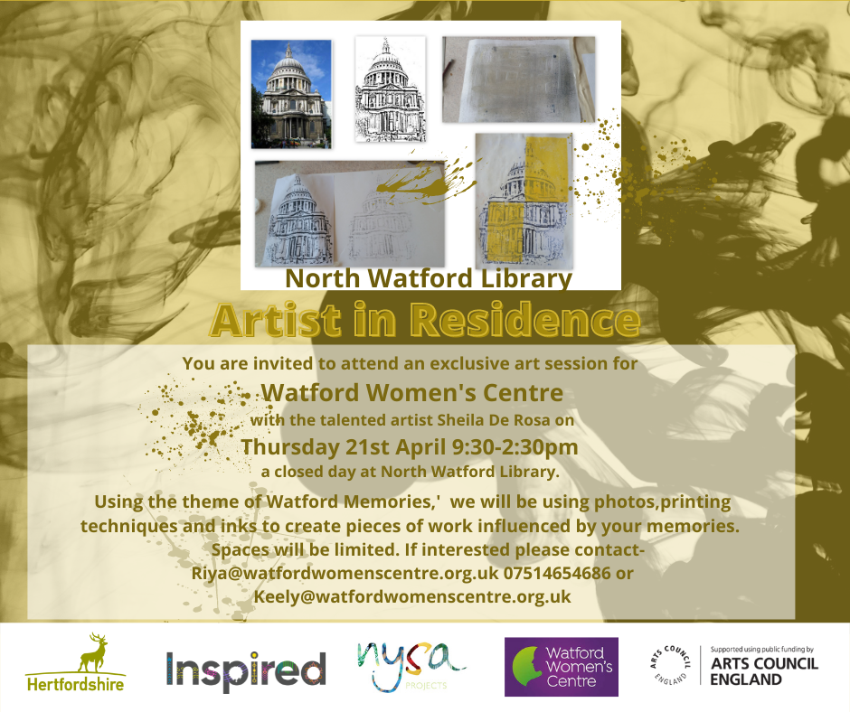 Join Sheila de Rosa on Thursday 21st April at North Watford Library for an art session for WWC Service Users. Spaces are limited. Book a place with Riya on 07514651686